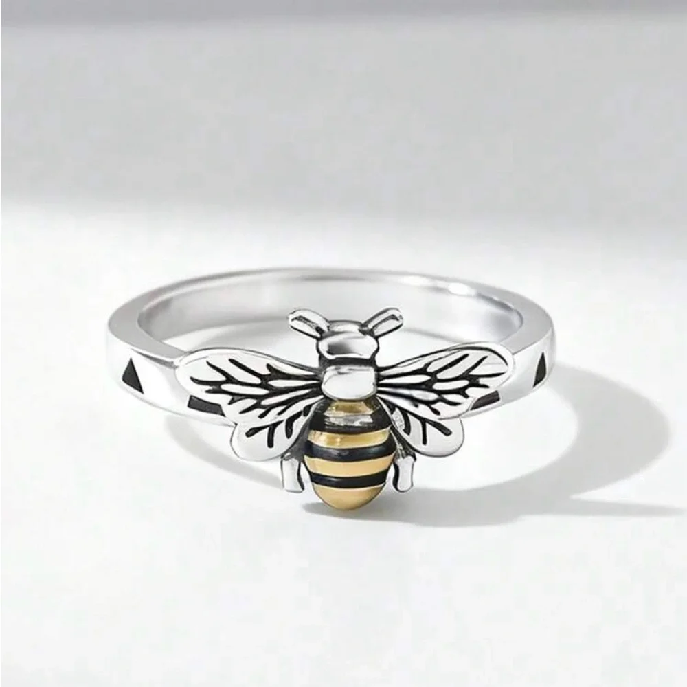 New Sterling Silver S925 Bee Ring with Yellow Enamel Accent Size 9